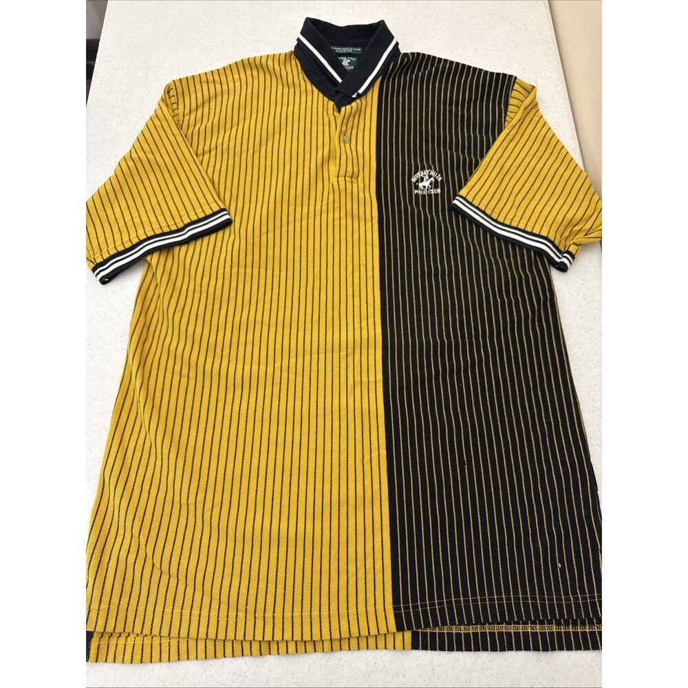 Vintage Y2K Polo Striped Yellow Black Logo Beverly Hills Polo Club T-shirt XXL